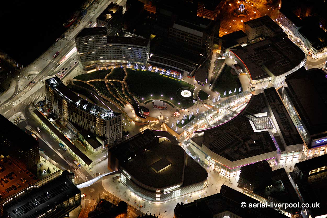 aerial photograph of the Liverpool ONE shopping centre
        at night in Liverpool Merseyside England UK