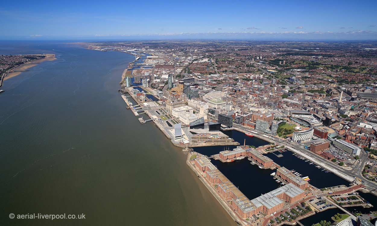 Panoramic aerial photograph of
        Liverpool England UK with the Albert Docks in the foreground and
        Pierhead in the centre