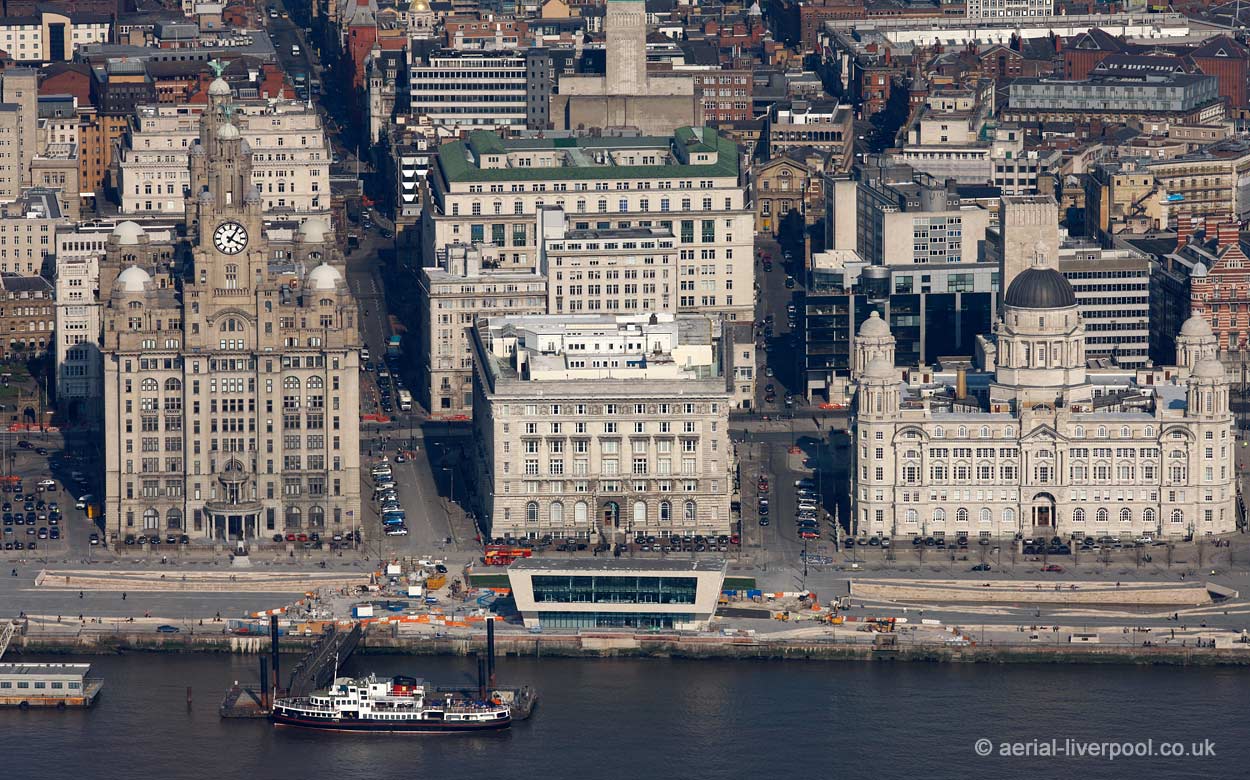 aerial photograph of the Three Graces. Three Graces of
        The Royal Liver Building, The Cunard Building and Port of
        Liverpool building at Pier head on the Liverpool Waterfront
        England UK